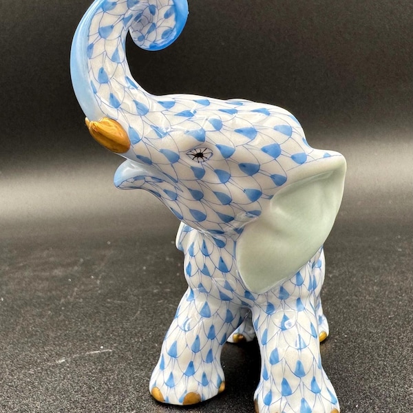 Vintage Handpainted Herend Porcelain Blue Fishnet Elephant