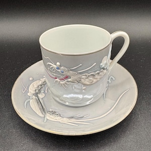 Vintage Dragonware Moriage Demitasse Tea Cup and Saucer with Lithophane