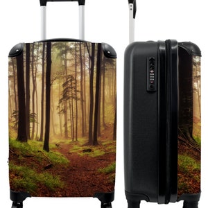 Koffer - handbagage - bos - natuur - mist - bomen - sinaasappel - pad