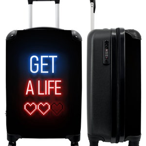 Koffer - handbagage - kinderkoffer - gaming - tekst - get a life - neon - zwart