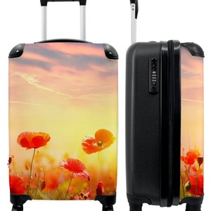 Koffer - handbagage - bloemen - klaproos - zonsondergang - rood - botanisch