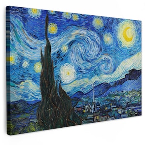 May include: A canvas print of Vincent van Gogh's "The Starry Night" painting. The artwork depicts a swirling blue night sky filled with stars and a crescent moon. A dark, tall cypress tree is in the foreground, with a village in the distance.