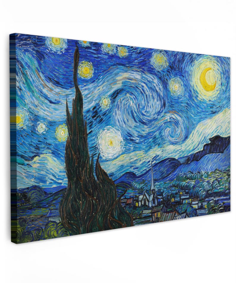 May include: A canvas print of Vincent van Gogh's "The Starry Night" painting. The artwork depicts a swirling blue night sky filled with stars and a crescent moon. A dark, tall cypress tree is in the foreground, with a village in the distance.