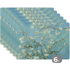 May include: Set of six rectangular placemats featuring a print of Vincent van Gogh's "Almond Blossoms" painting. The placemats have a light blue background with white almond blossoms and branches. The number "6x" is in the bottom right corner.