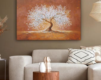 Impression sur toile Arbre blanc abstrait avec des feuilles sur terre cuite