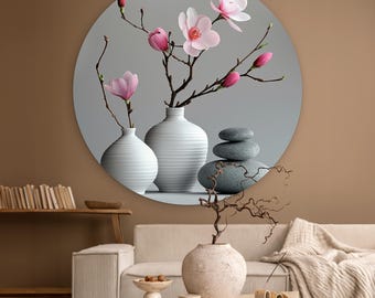 Rosa Magnolie, runde Wandkunst - Zen-Steine, moderne Wanddekoration