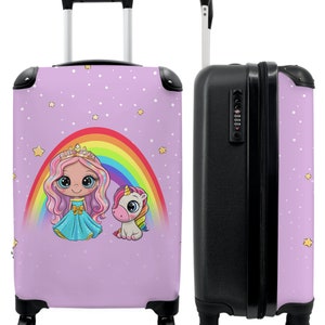 Koffer - handbagage - kinderkoffer - eenhoorn - prinses - regenboog - paars - stippen