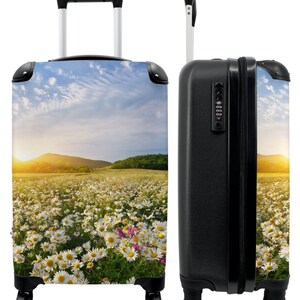 Koffer - handbagage - bloemen - zon - landschap - madeliefje - botanisch