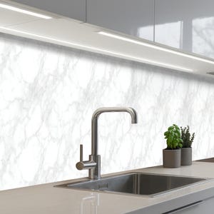 Könnte beinhalten: Eine moderne Küchenszene mit einer Edelstahlarmatur über einem Spülbecken und einer Rückwand mit Marmormuster. Zwei kleine Topfpflanzen stehen auf der Arbeitsfläche. Eine Einbauleuchte sorgt für Helligkeit und schafft ein sauberes Erscheinungsbild.