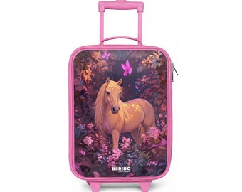 Valigia per bambini con cavallo rosa e fiori – Trolley da viaggio leggero per bambini con ruote luminose