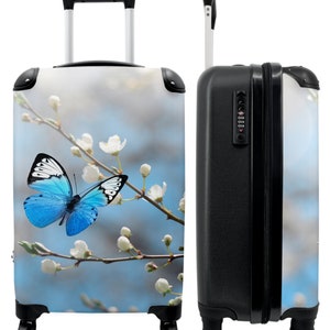 Koffer - handbagage - bloemen - vlinder - blauw - bloesem - wit