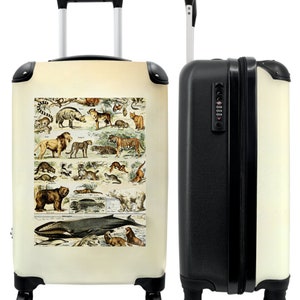 Koffer - handbagage - illustratie - dieren - natuur - savanne - zee - vintage