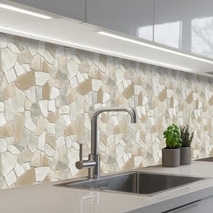 Painel de parede autoadesivo para cozinha - Mosaico de pedras bege - Impermeável