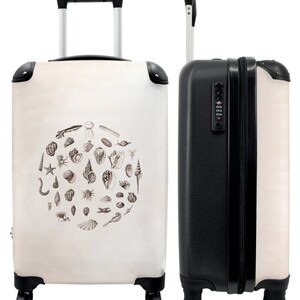 Koffer - handbagage - schelpen - zeedieren - vintage - zwart-wit - illustratie
