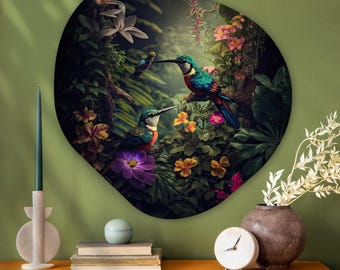 Tropische Vögel Bio-Wandkunst - Asymmetrischer Kreis, moderne Aufhängung
