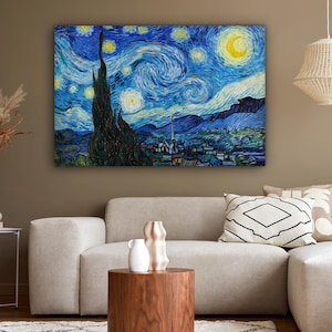 May include: A framed canvas print of Van Gogh's "The Starry Night" painting. The artwork shows a swirling night sky with a crescent moon, stars, and a village. The colour palette includes blues, yellows, and greens, creating a vibrant and iconic image.