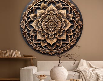Blumenmandala-Wandkunst - rundes braunes Holz, modernes Wanddekor