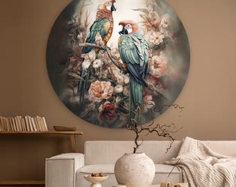 Runde Wandkunst mit Papageien und Blumen - Tropischer Vogeldruck