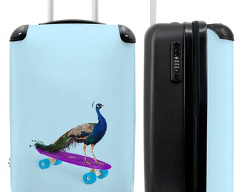 Valise - bagage cabine - valise enfant - paon - bleu - skateboard - animaux - rigolo