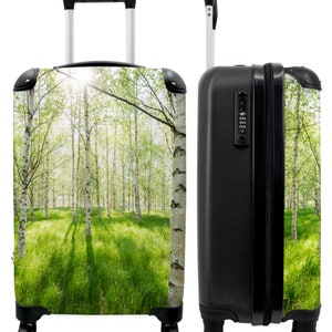 Koffer - handbagage - bomen - berk - gras - zon - lente