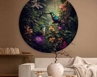 Tropische Vögel, runde Wandkunst - lebendiger bunter Druck