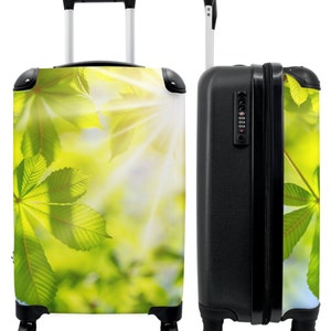 Koffer - handbagage - bladeren - zon - takken - groen - lente