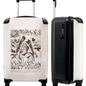 Koffer - handbagage - vintage - vogels - dieren - zwart-wit - illustratie
