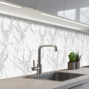 Op de afbeelding: Een moderne keuken met een roestvrijstalen kraan en spoelbak. De achterwand heeft een wit marmerontwerp met grijze adering. Twee kleine planten in potten staan op het aanrecht. Een inbouwlamp verlicht de ruimte.