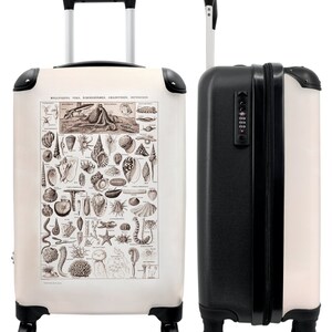 Koffer - handbagage - retro - zeedieren - schelpen - zwart wit - tekening