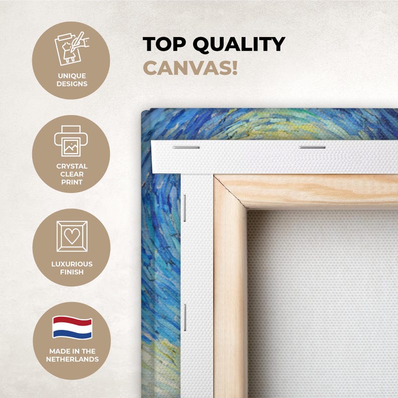 May include: A canvas print with a corner view, featuring a vibrant blue and yellow artwork. The text "TOP QUALITY CANVAS!" is displayed. Additional icons indicate unique designs, crystal clear print, and a luxurious finish. The text "MADE IN THE NETHERLANDS" is also visible.