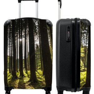Koffer - handbagage - bomen - bos - mos - zon