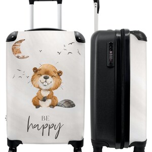 Koffer - handbagage - kinderkoffer - quote - be happy - bever - illustratie