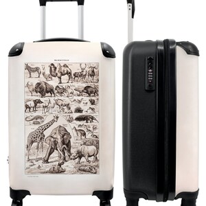 Koffer - handbagage - dieren - retro - illustratie - zwart wit