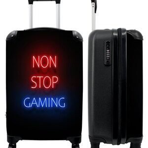Koffer - handbagage - kinderkoffer - tekst - gamen - non stop gamen - neon - zwart