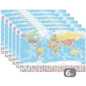 Pode incluir: Uma pilha de seis mapas-múndi, cada um exibindo um layout político detalhado com países em várias cores. Os mapas incluem bandeiras de países na parte inferior e são rotulados com o número "6x". Ideal para fins educacionais.