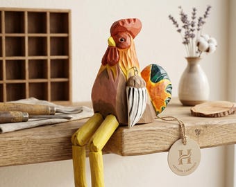 Statue de coq en bois faite main | Cadre de ferme avec pieds pivotants | Sculpture sur bois faite main | Cadeau de décoration de cuisine rurale