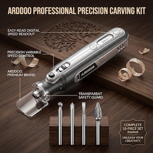 May include: ARDDOO Professional Precision Carving Kit with an easy-read digital speed readout and precision variable speed control. The kit includes a transparent safety guard and a complete 10-piece set. Unleash your creativity with this premium brand carving kit.