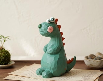 Ręcznie rzeźbiona drewniana figurka dinozaura | Urocza, oryginalna figurka T-Rexa | Dekoracja biurka | Kawaii dekoracja pokoju dziecięcego | Wyjątkowy prezent dla miłośników dinozaurów