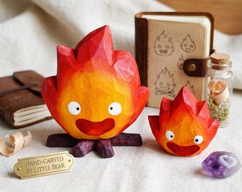 Figurine démoniaque de feu en bois sculptée à la main esprit de flamme décoration de bureau inspiré de l'anime sculpture sur bois cadeau fait main unique pour les fans de fantaisie