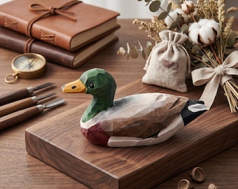 Hand-Carved Wooden Mallard Duck Figurine - Rustic Farmhouse Decor - Custom Wood Bird Statue - Gift for Nature Lovers & Hunters