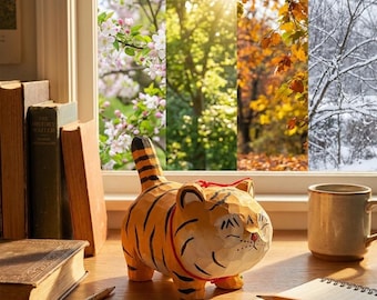 Figurine de sculpture sur bois faite main de tigre, décoration de bureau en bois mignonne, cadeau d'ornement d'étagère de bureau