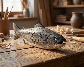Hand carved wooden fish sculpture | Rural wooden sculpture | Natural cabin decoration | Office desk accessories | Handmade coastal style