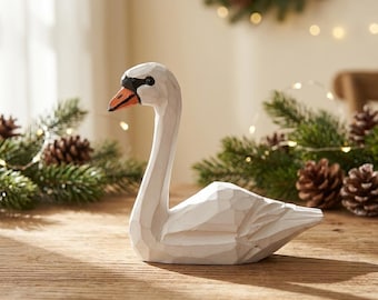 Handgesneden houten zwaanbeeldje | Geometrische houten zwaansculptuur | Rustieke zakka-huisdecoratie | Minimalistische dierenkunst | Uniek cadeau voor plankdecoratie