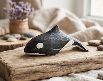 Hand Carved Wooden Orca Killer Whale Figurine Ocean Animal Wood Sculpture Marine Life Statue Nautical Decor Whale Gift
