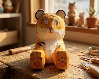 Support pour téléphone tigre en bois fait main, décoration de bureau de dessin animé mignon, figurine à sculpter sur bois pour étagère de bureau, cadeau pour la maison