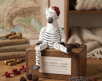 Figurine zèbre en bois sculptée à la main - décor de gardien d'étagère articulé - décoration de chambre de bébé rustique - cadeau zèbre unique pour les amoureux des animaux