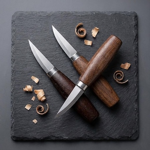 May include: Two wood carving knives with dark wooden handles and silver blades rest on a dark gray slate board. Wood shavings are scattered around the knives, suggesting their use in woodworking or crafts. The knives are approximately 7 inches long.