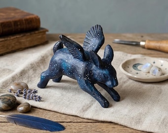 Hand Carved Wood Flying Rabbit Galaxy Painted Winged Bunny Sculpture Starry Night Animal Figurine Unique Whimsical Celestial Home Decor Gift