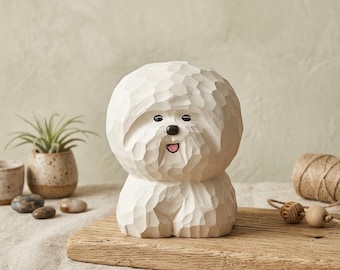Sculpture sur bois faite main Bichon frisé Figurine de chien Statue d'animal de compagnie mignon Décoration de bureau en bois Cadeau pour amoureux des chiens Petit chiot Sculpture Art