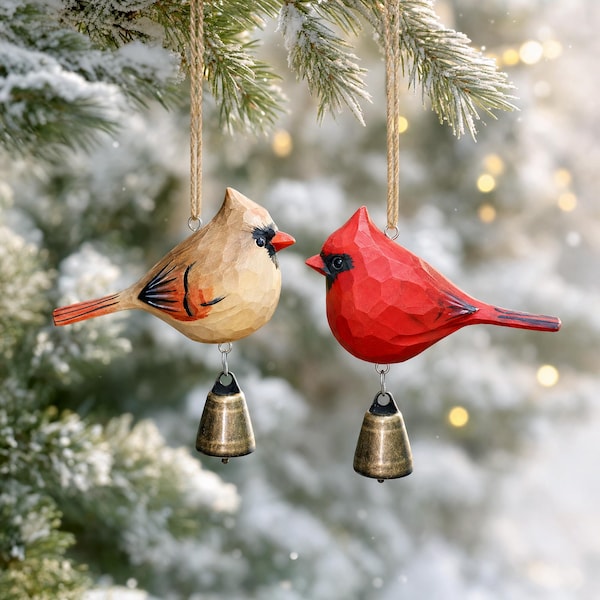 Hand Carved Wooden Cardinal Ornaments with Brass Bells, Pair of Northern Cardinals Christmas Decor, Rustic Winter Bird Memorial Gift